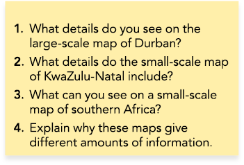1. What details do you see on the large-scale map of Durban? 2. What details do the small-scale map of KwaZulu-Natal ...
