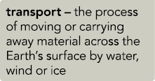 transport – the process of moving or carrying away material across the Earth’s surface by water, wind or ice