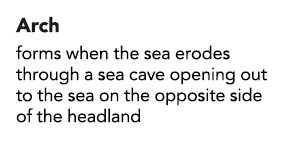 Arch forms when the sea erodes through a sea cave opening out to the sea on the opposite side of the headland