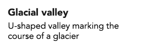 Glacial valley U-shaped valley marking the course of a glacier